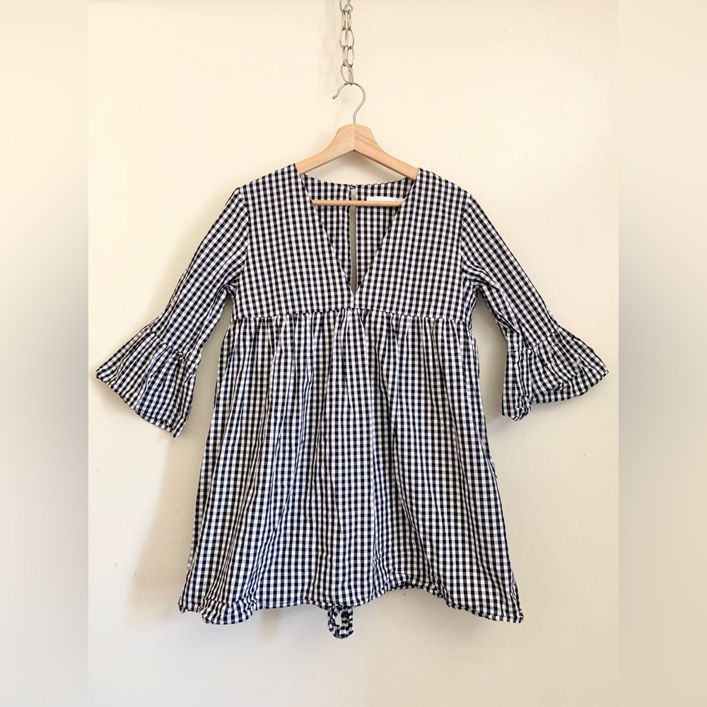 Zara Black White Plaid V-Neck Romper Size Medium